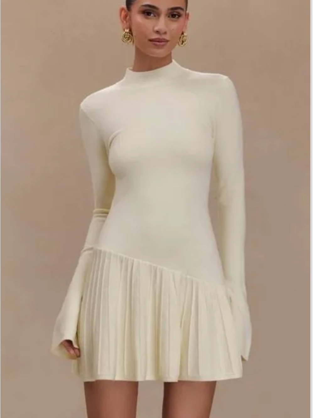 Meshki Cream Long-Sleeve Pleated Mini Dress - Picture 1 of 2